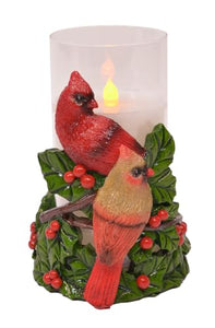 Holiday Cardinal Pair Candle Holder with Flameless LED Glass Pillar Candle, 6 Inch