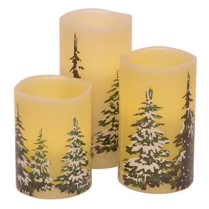 Snowy Winter Pine Forest Holiday Flameless LED Wax Pillar Candles, Set of 3