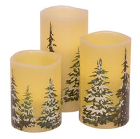 Snowy Winter Pine Forest Holiday Flameless LED Wax Pillar Candles, Set of 3