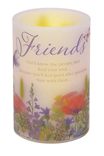 Inspirational Friends Quote Floral Wax LED Flameless Pillar Candle, 4 x 6 Inch