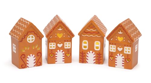 Ceramic Gingerbread Holiday LED Village Houses Set, 4 Inch, Set of 4