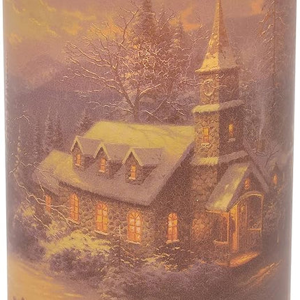 Thomas Kinkade Sunday Evening Sleigh Ride Chapel Flameless LED Glass Pillar Candle, 4 x 6 Inch