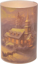 Load image into Gallery viewer, Thomas Kinkade Sunday Evening Sleigh Ride Chapel Flameless LED Glass Pillar Candle, 4 x 6 Inch
