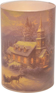 Thomas Kinkade Sunday Evening Sleigh Ride Chapel Flameless LED Glass Pillar Candle, 4 x 6 Inch