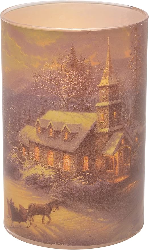 Thomas Kinkade Sunday Evening Sleigh Ride Chapel Flameless LED Glass Pillar Candle, 4 x 6 Inch