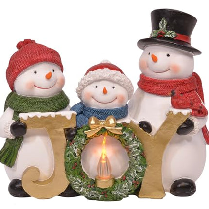 Winter Snowman Family "Joy" Script Holiday LED Tabletop Figurine, 8 Inch