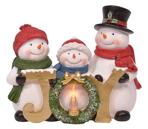 Winter Snowman Family "Joy" Script Holiday LED Tabletop Figurine, 8 Inch