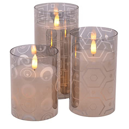 Mid Century Modern Flameless LED Glass Pillar Candles, Set of 3, Silver Metallic
