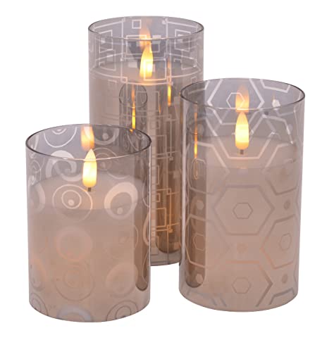 Mid Century Modern Flameless LED Glass Pillar Candles, Set of 3, Silver Metallic