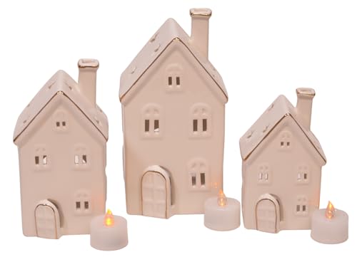 Glazed Porcelain with Gold Trim Holiday LED Village Set, Set of 3, 8 Inch