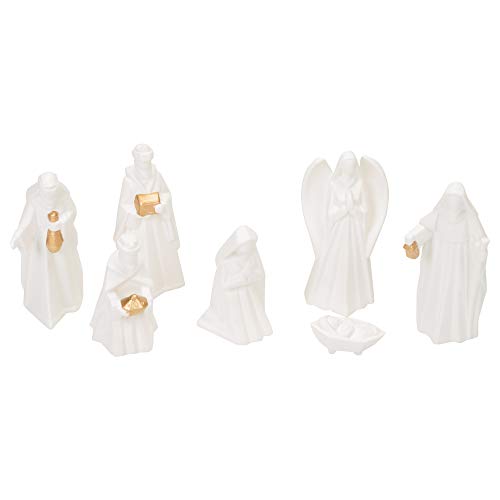 Hand Painted Porcelain Miniature Christmas Nativity, Set of 7, White