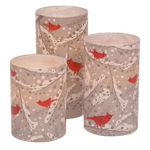 Winter Cardinal Print Flameless LED Glass Pillar Candles, Set of 3