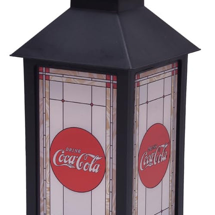 Coca Cola Vintage Logo Flameless Pre Lit LED Stained Glass Style Lantern, Black, 13 Inch