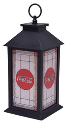 Coca Cola Vintage Logo Flameless Pre Lit LED Stained Glass Style Lantern, Black, 13 Inch