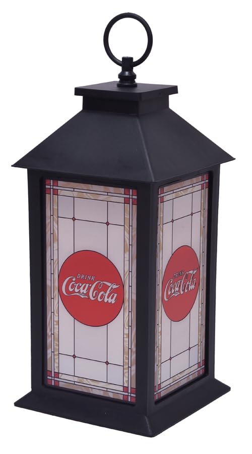 Coca Cola Vintage Logo Flameless Pre Lit LED Stained Glass Style Lantern, Black, 13 Inch