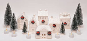 Unglazed Porcelain Holiday Wreath Village with Trees LED Christmas Figurines, Set of 18, 4 Inch, White