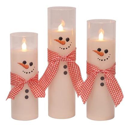 Skinny Winter Snowmen Wax Filled Flameless LED Glass Pillar Candles, Set of 3, White