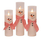 Skinny Winter Snowmen Wax Filled Flameless LED Glass Pillar Candles, Set of 3, White