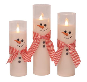 Skinny Winter Snowmen Wax Filled Flameless LED Glass Pillar Candles, Set of 3, 9 Inch, White