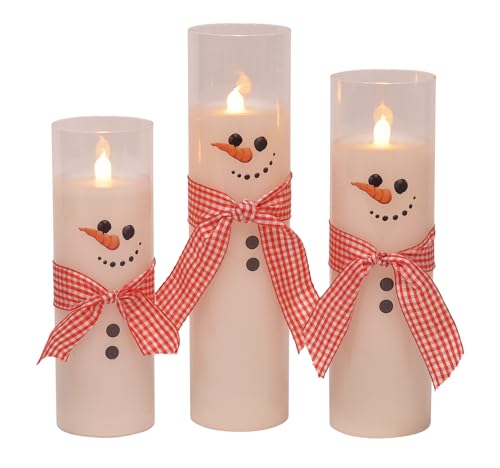 Skinny Winter Snowmen Wax Filled Flameless LED Glass Pillar Candles, Set of 3, 9 Inch, White