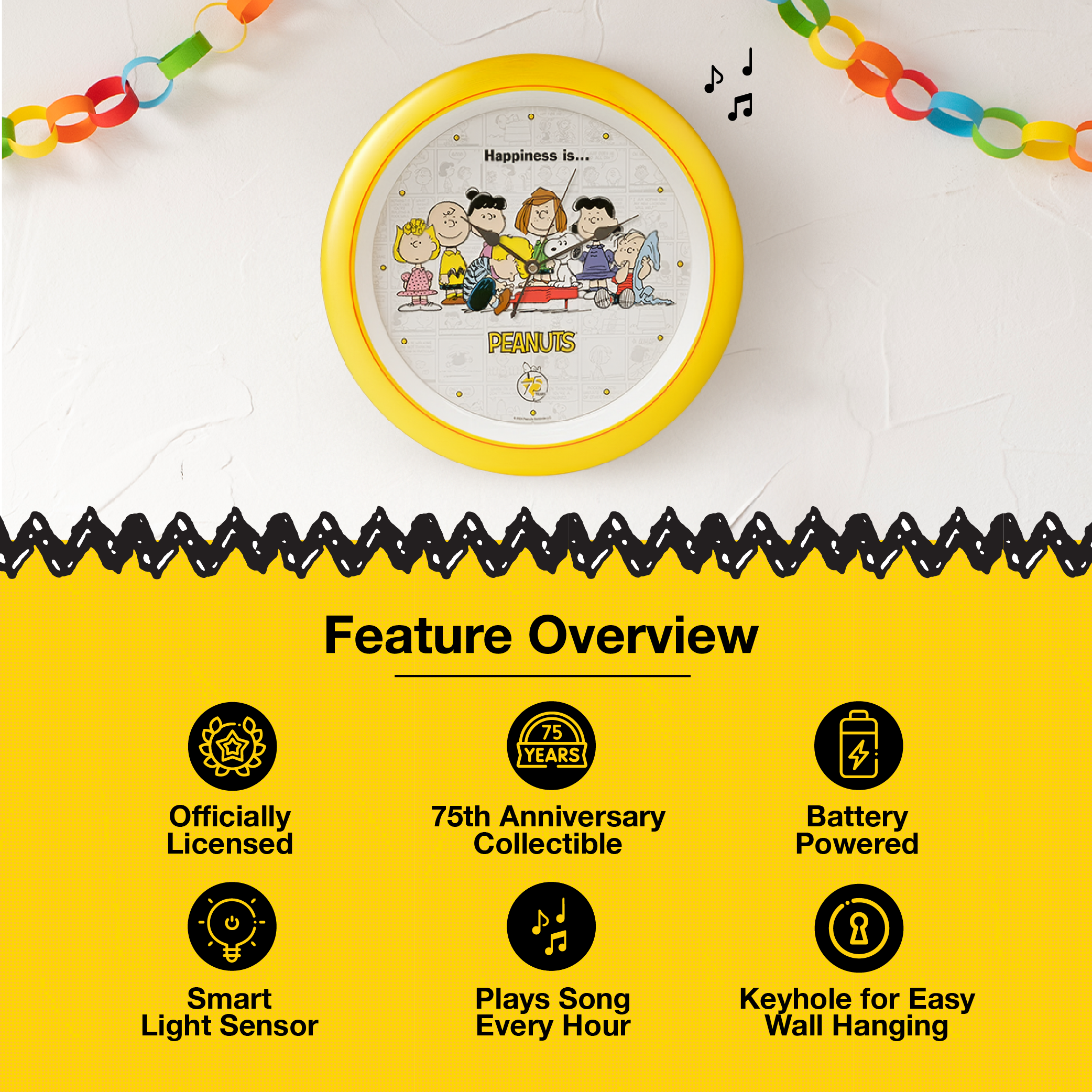 Peanuts 75th Anniversary Happiness is Sound Clock, 13 Inch