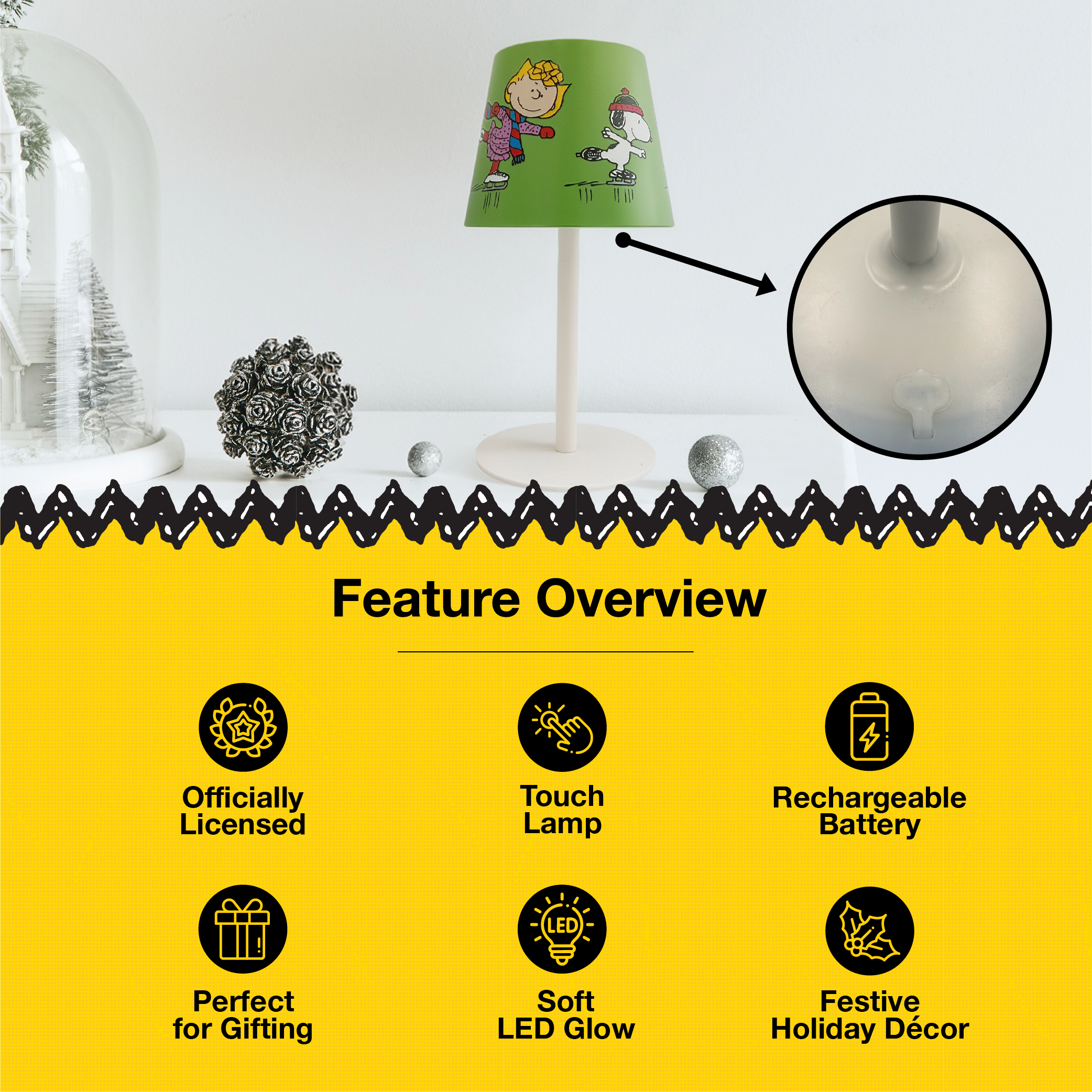 Peanuts Gang Holiday Skating Rechargeable Touch Table Lamp, 9 Inch