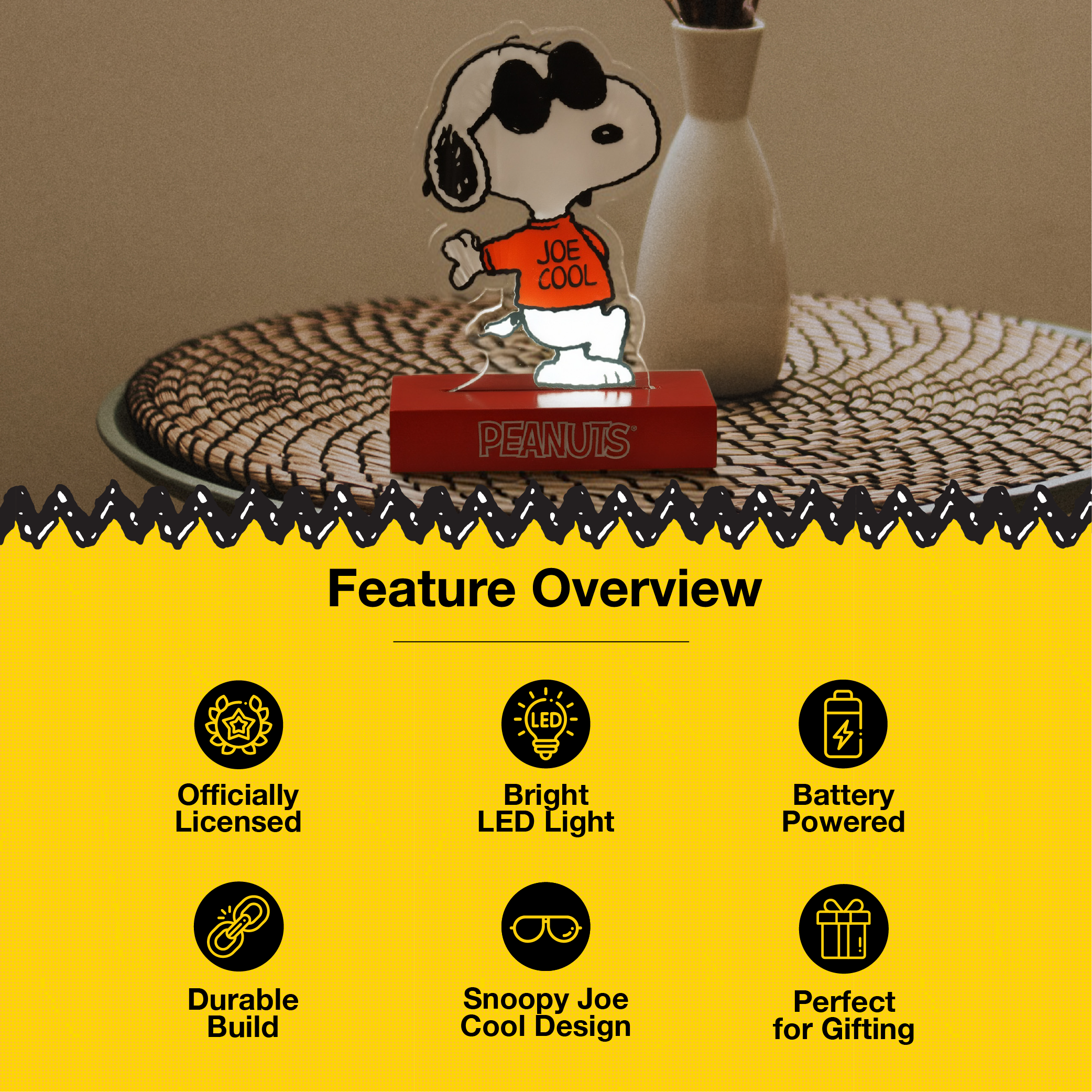 Peanuts Snoopy Joe Cool LED Illuminated Tabletop Acrylic Light Decor, 6 Inch