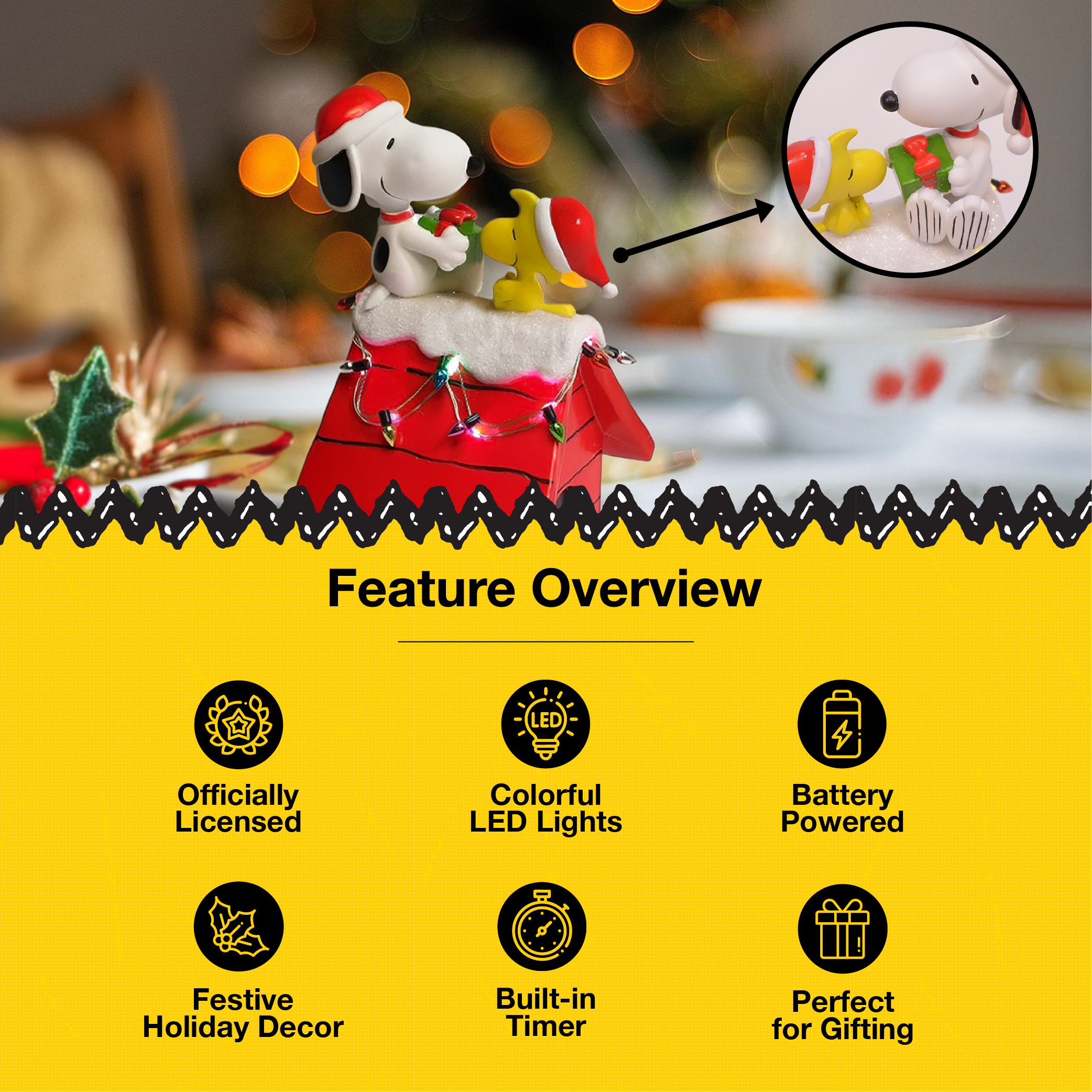 Peanuts Snoopy's Dog House Tabletop Holiday Figurine with LED Christmas Lights, 7.5 Inch