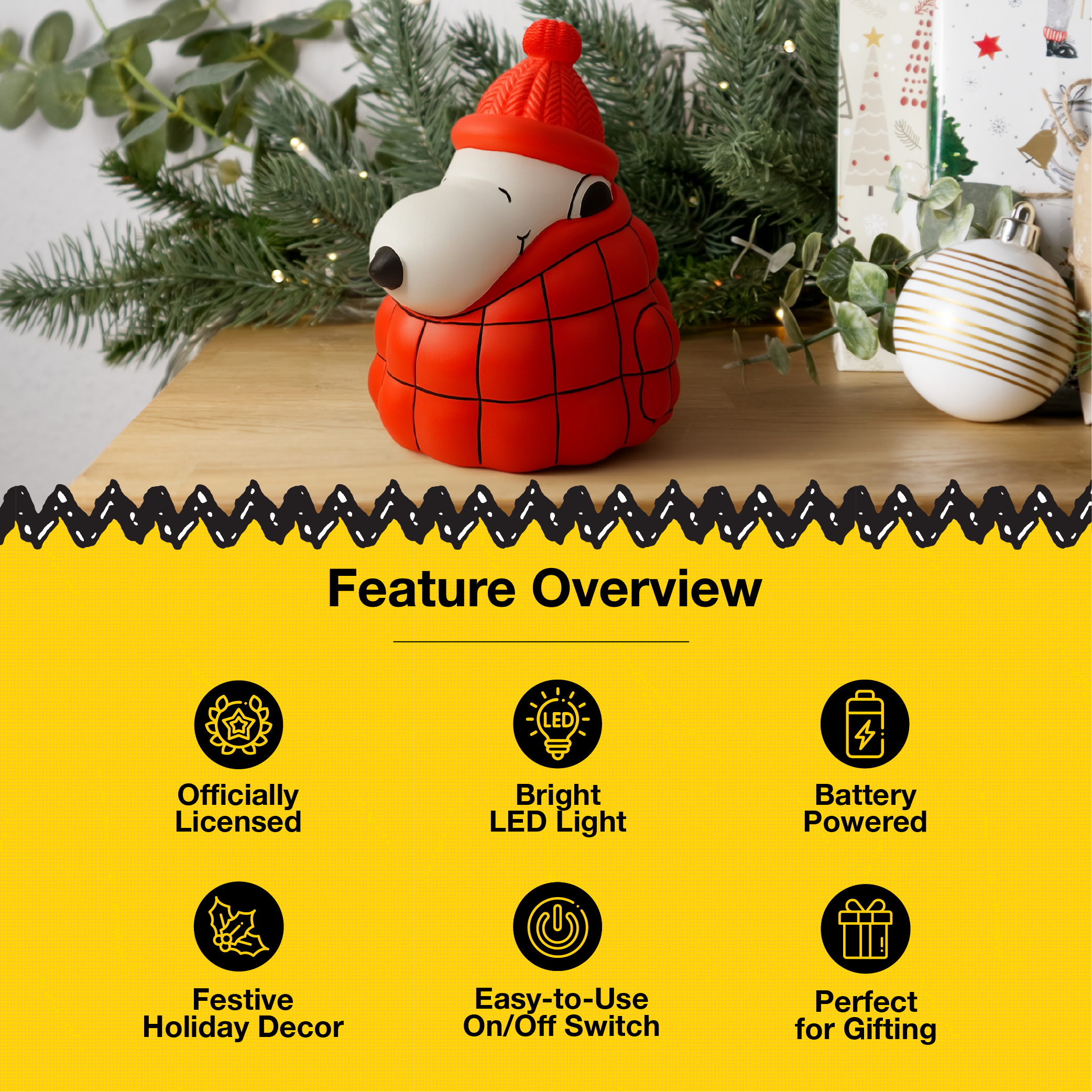 Peanuts Snoopy Puffer Jacket LED Illuminated Tabletop Light, 6 Inch