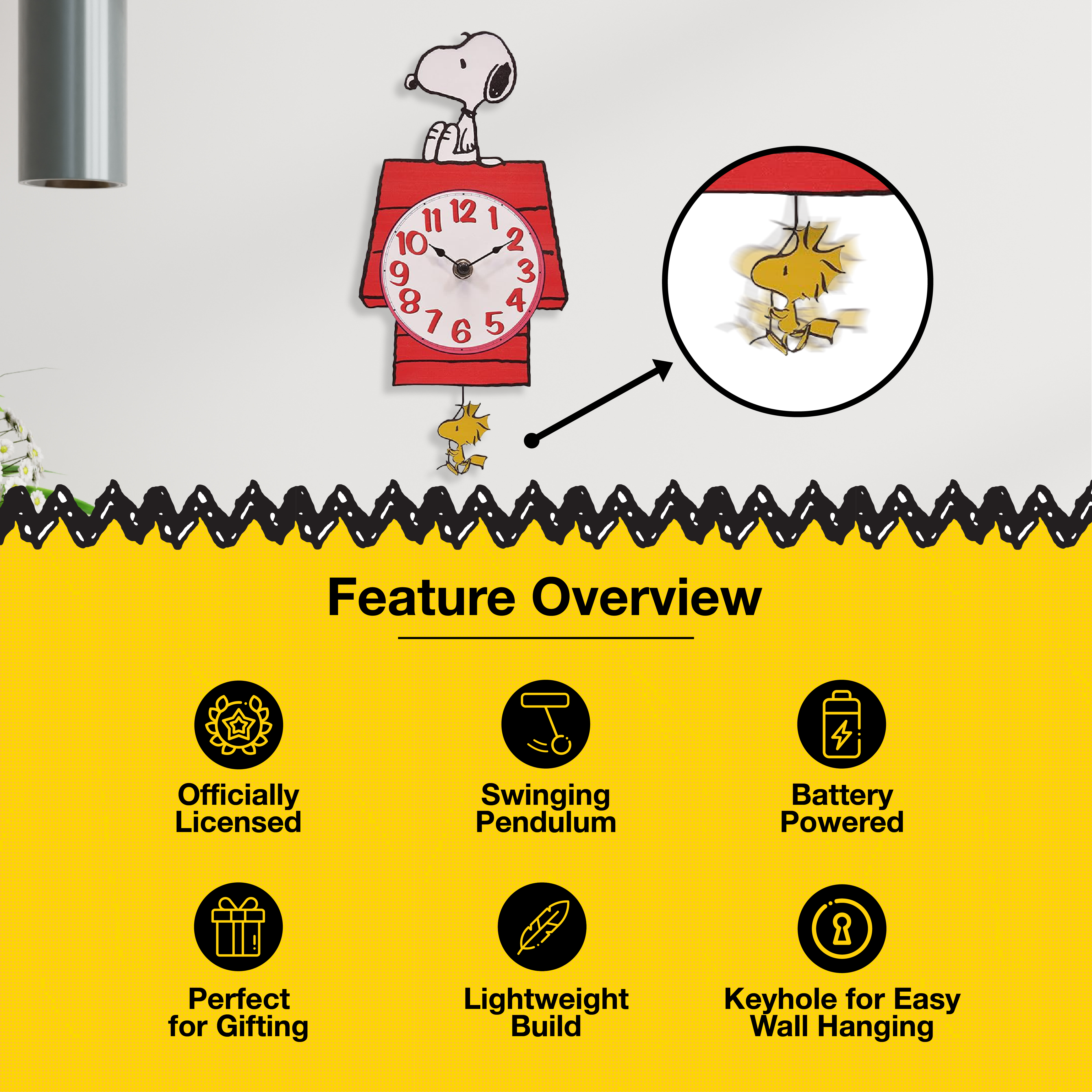 Peanuts Snoopy's Dog House with Woodstock Pendulum Pal Wall Clock, 12 Inch