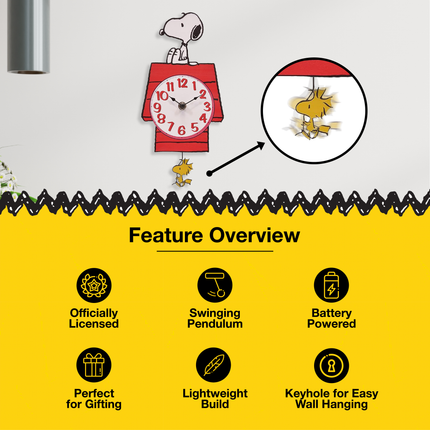 Peanuts Snoopy's Dog House with Woodstock Pendulum Pal Wall Clock, 12 Inch