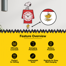 Load image into Gallery viewer, Peanuts Snoopy&#39;s Dog House with Woodstock Pendulum Pal Wall Clock, 12 Inch
