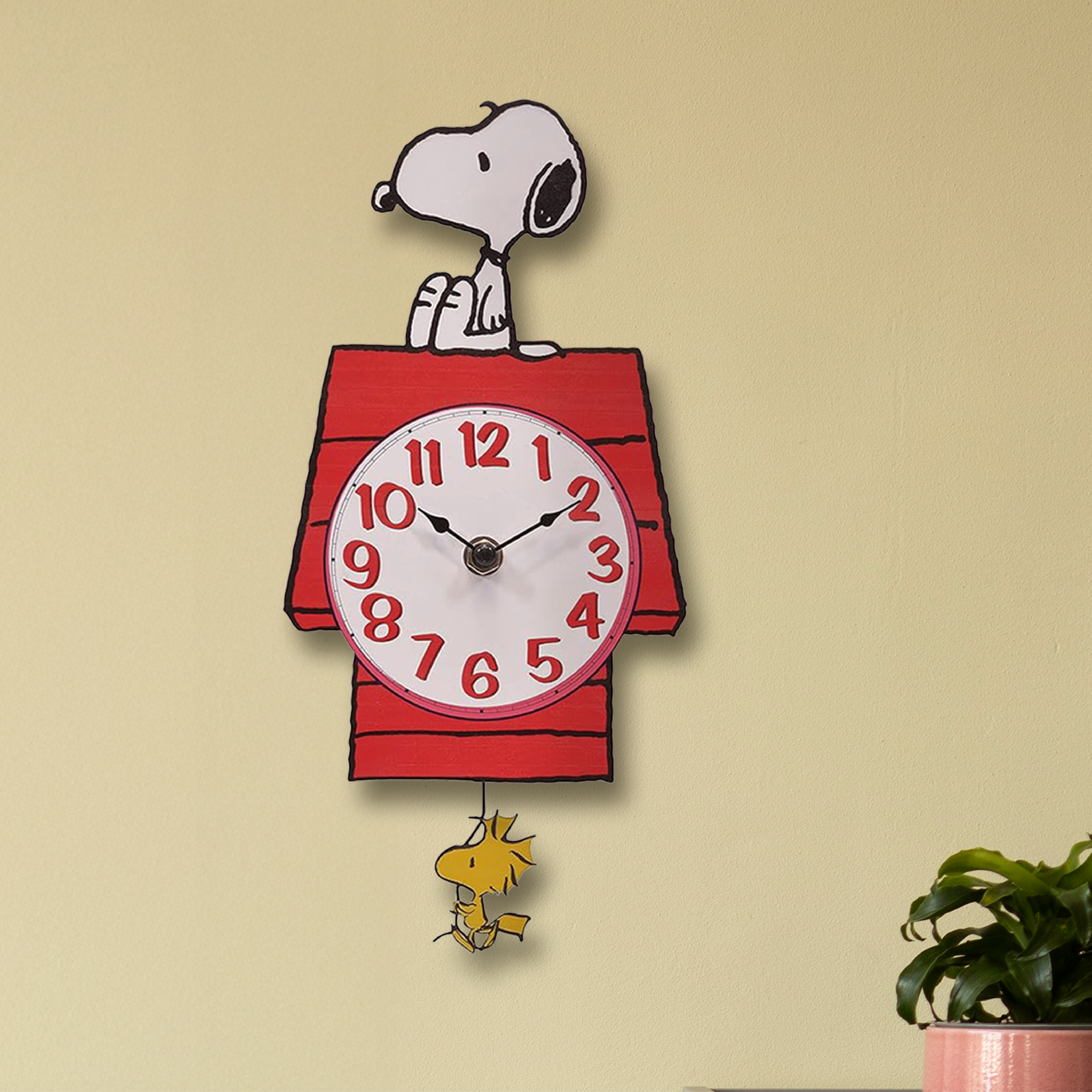 Peanuts Snoopy's Dog House with Woodstock Pendulum Pal Wall Clock, 12 Inch