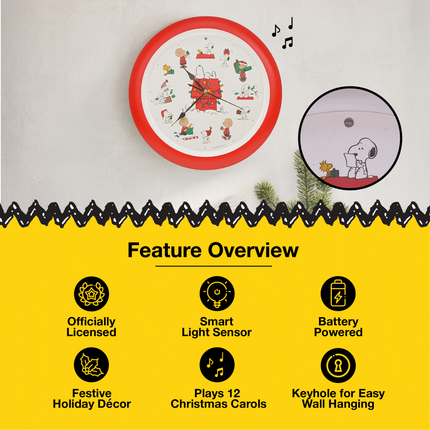 Peanuts Characters Snoopy and Dog House Christmas Carol Sound Clock, 13 Inch