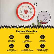 Load image into Gallery viewer, Peanuts Characters Snoopy and Dog House Christmas Carol Sound Clock, 13 Inch
