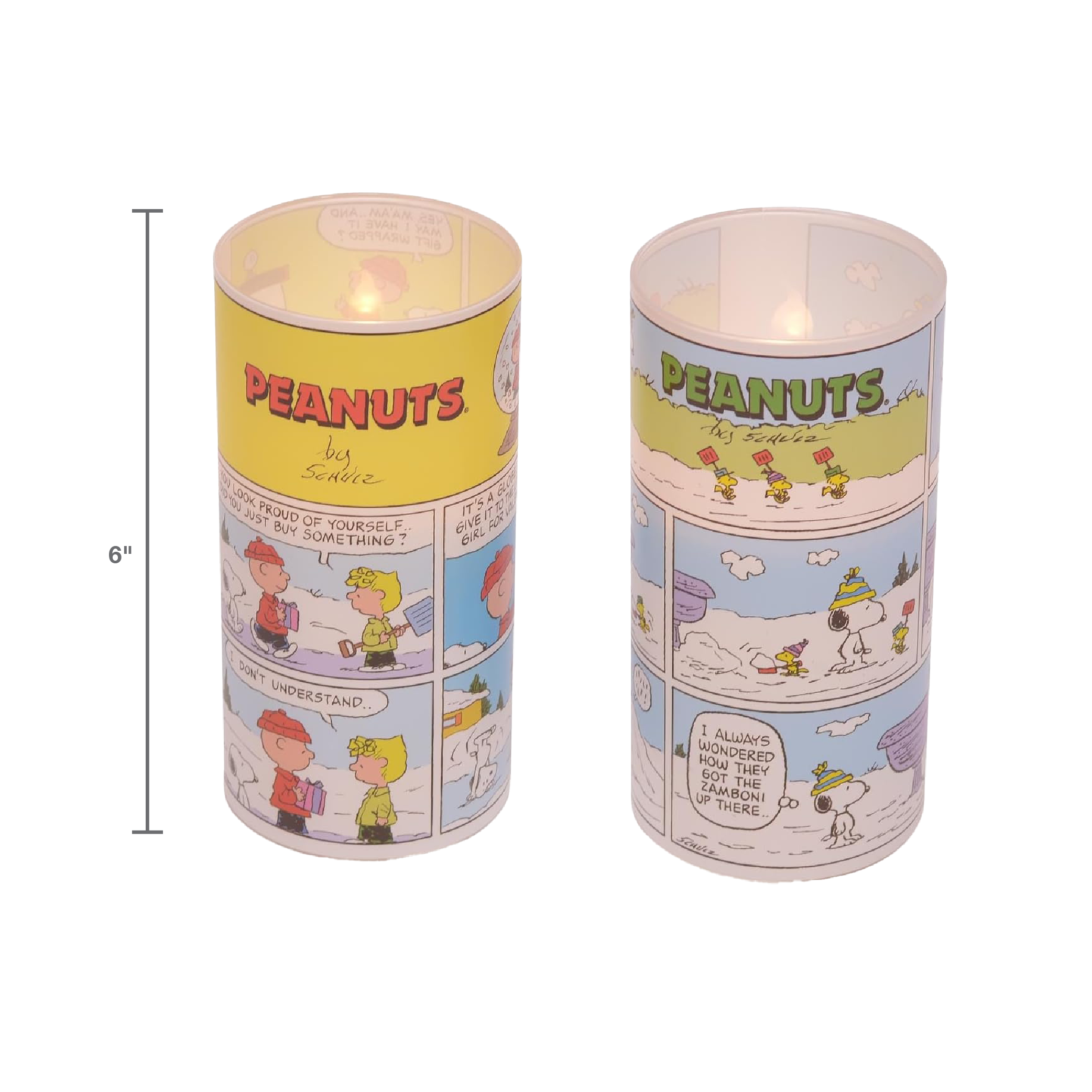 Peanuts Comic Strip Flameless LED Glass Pillar Candles, 6 Inch (Set of 2)