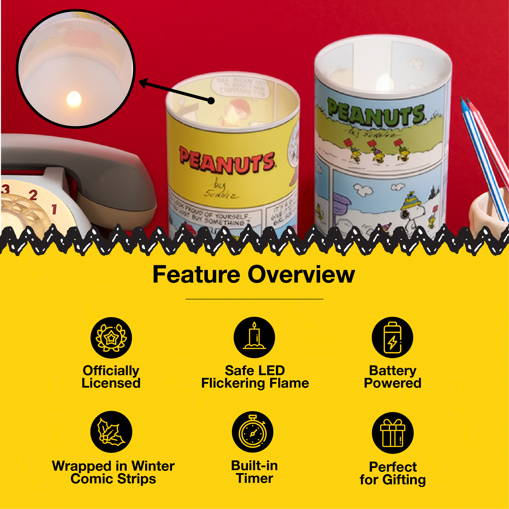 Peanuts Comic Strip Flameless LED Glass Pillar Candles, 6 Inch (Set of 2)