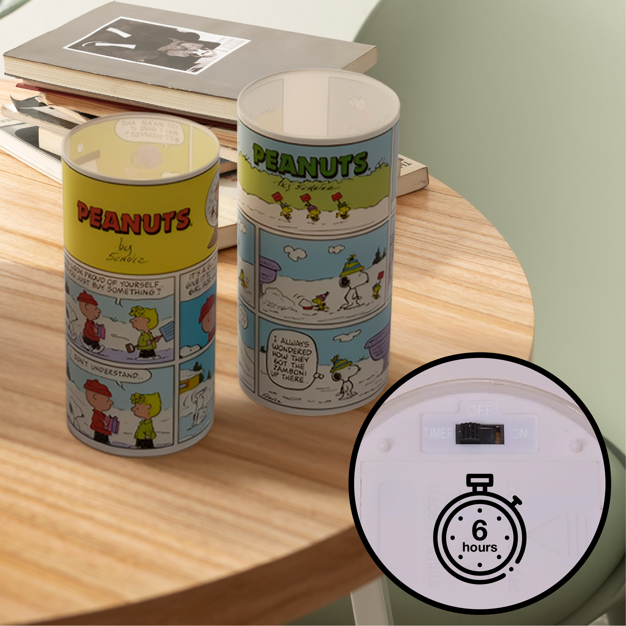 Peanuts Comic Strip Flameless LED Glass Pillar Candles, 6 Inch (Set of 2)