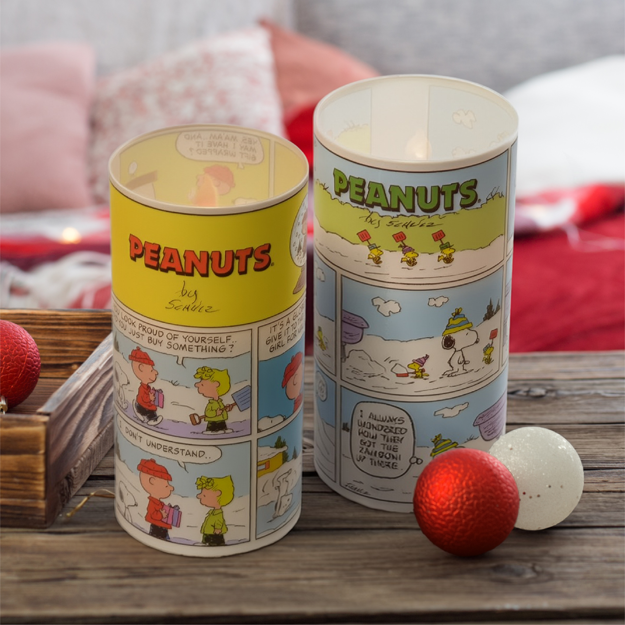 Peanuts Comic Strip Flameless LED Glass Pillar Candles, 6 Inch (Set of 2)
