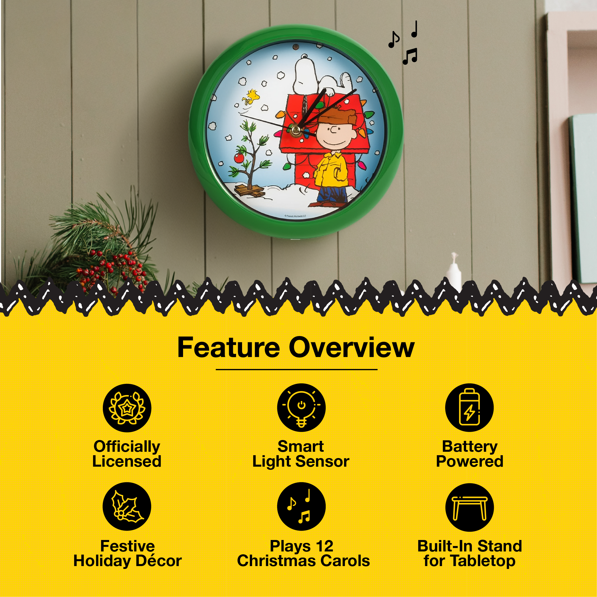 Peanuts Snoopy Dog House Holiday Carols Sound Clock, 8 Inch