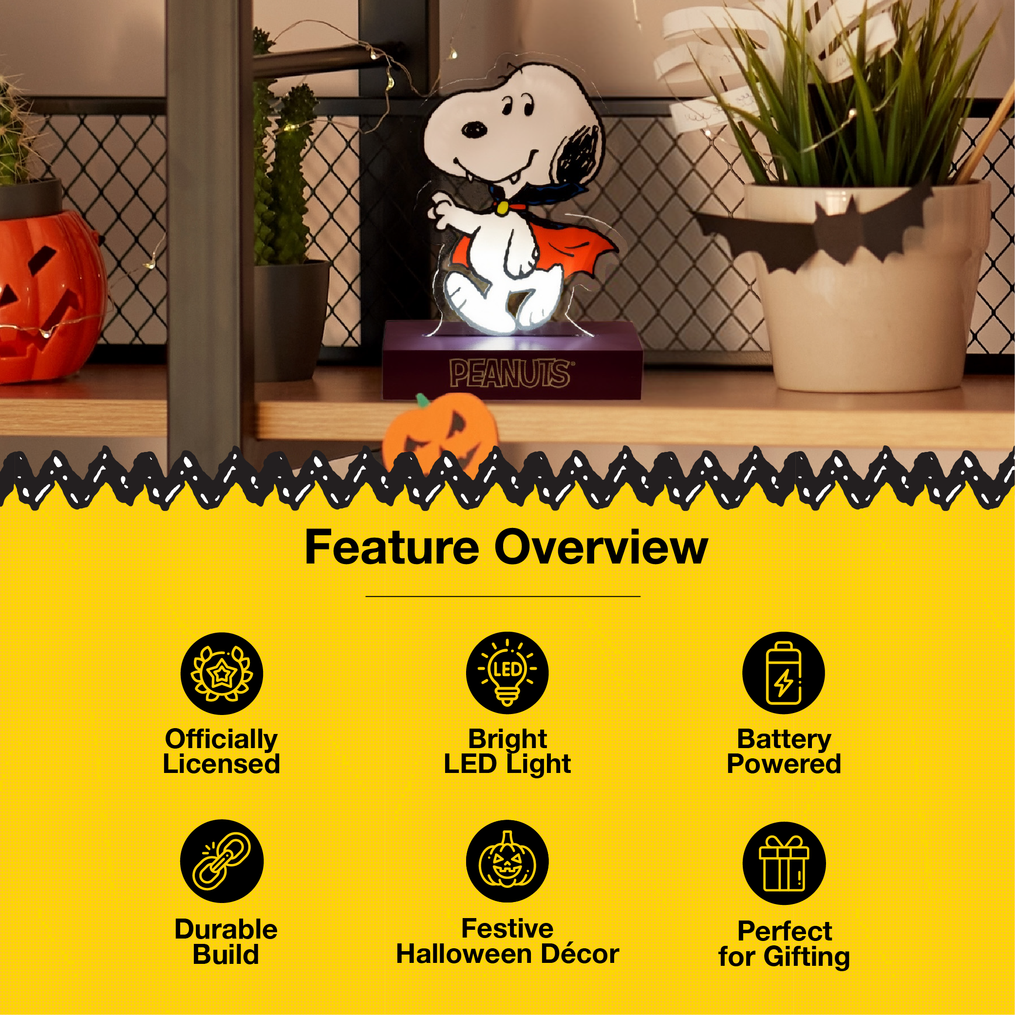 Peanuts Dracula Snoopy LED Illuminated Halloween Tabletop Light Decor, 6 Inch