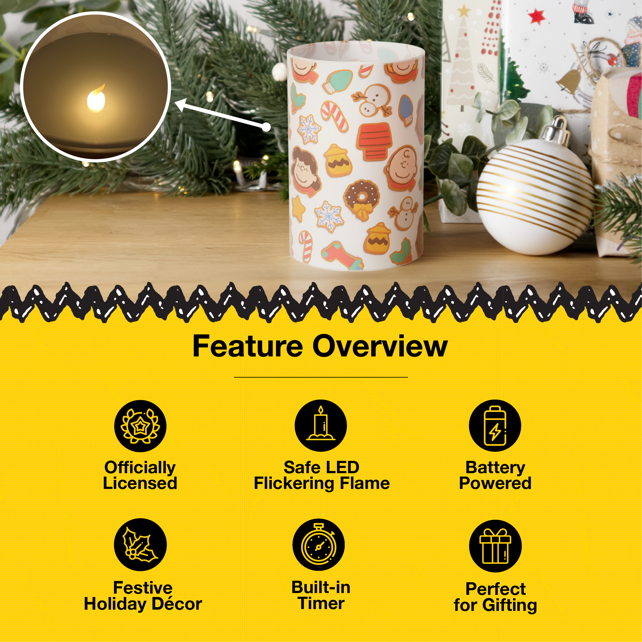 Peanuts Holiday Gingerbread Flameless LED Glass Holiday Pillar Candle, 4 x 6 Inch