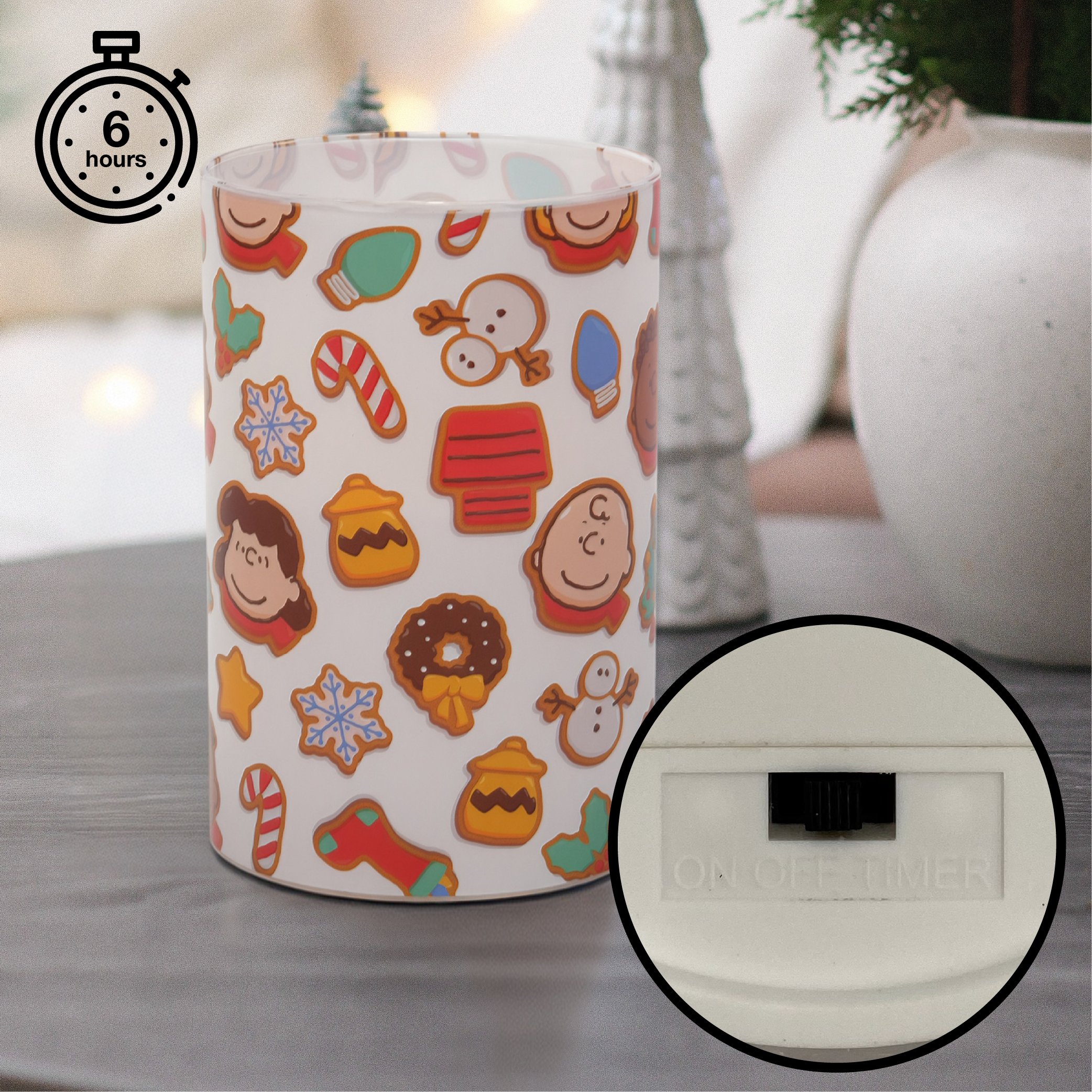 Peanuts Holiday Gingerbread Flameless LED Glass Holiday Pillar Candle, 4 x 6 Inch