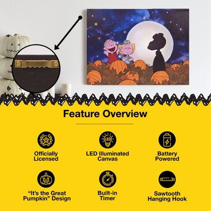 Peanuts "It's the Great Pumpkin" LED and Fiber Optic Pumpkin Patch Canvas Wall Art, 12 x 16 Inch