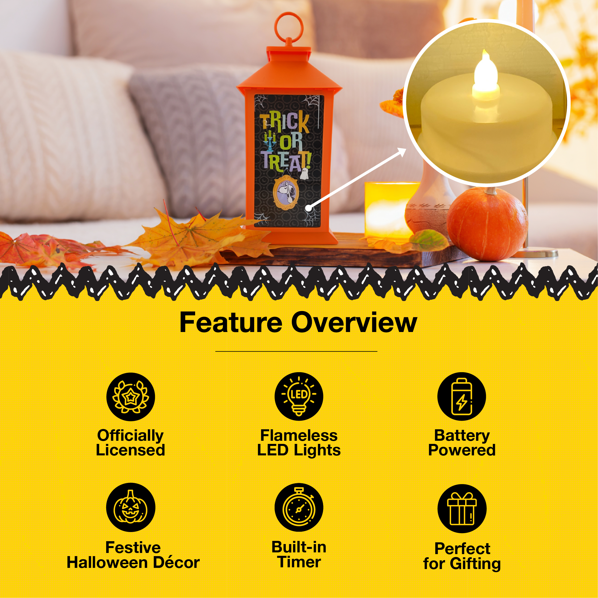 Peanuts Halloween Flameless LED Plastic Lantern, 13 Inch, Orange