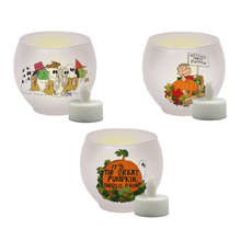 Load image into Gallery viewer, Peanuts &quot;It&#39;s The Great Pumpkin&quot; Round Glass Votives, 3 Inch (Set of 3)
