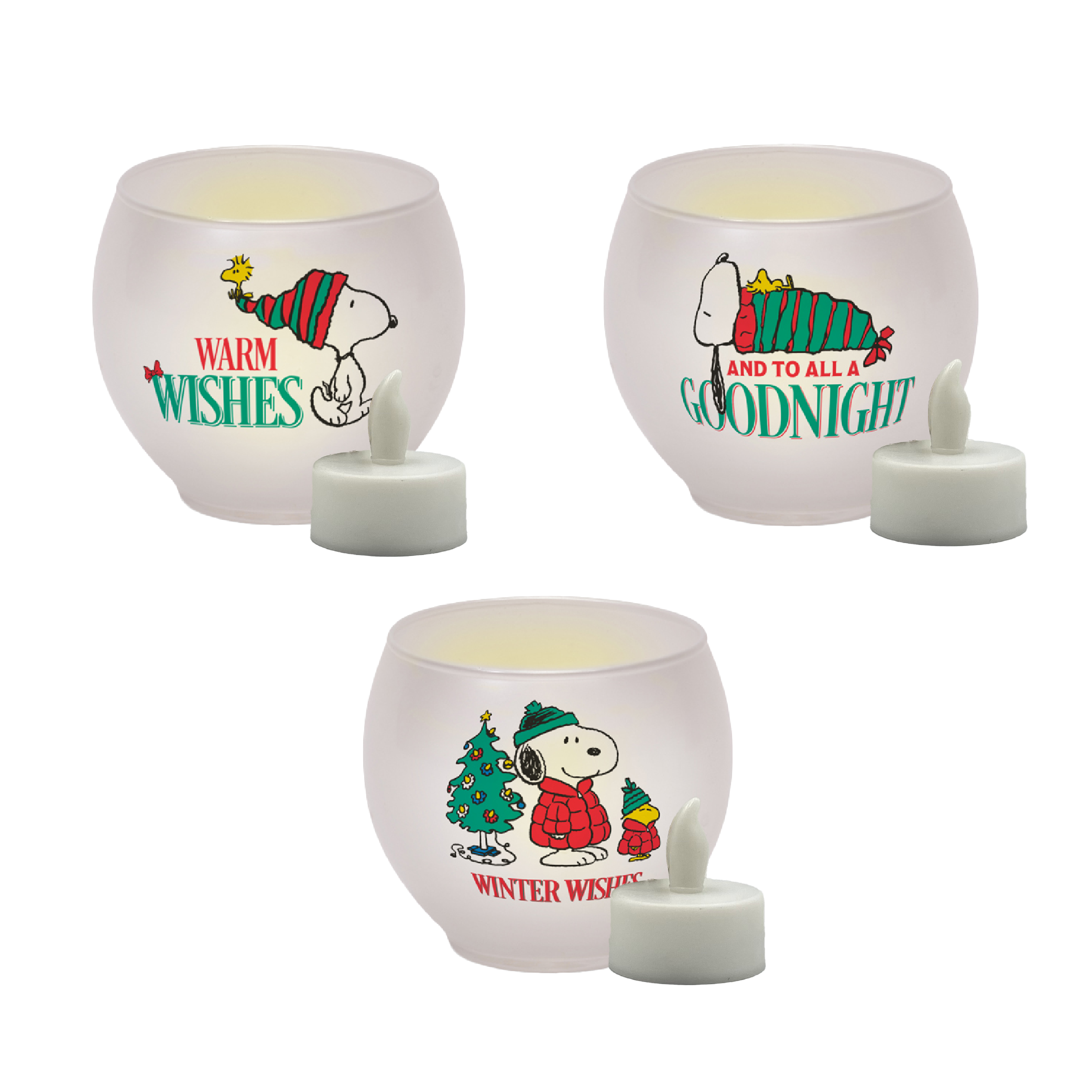 Peanuts Holiday Wishes Round Glass Votives, 3 Inch (Set of 3)
