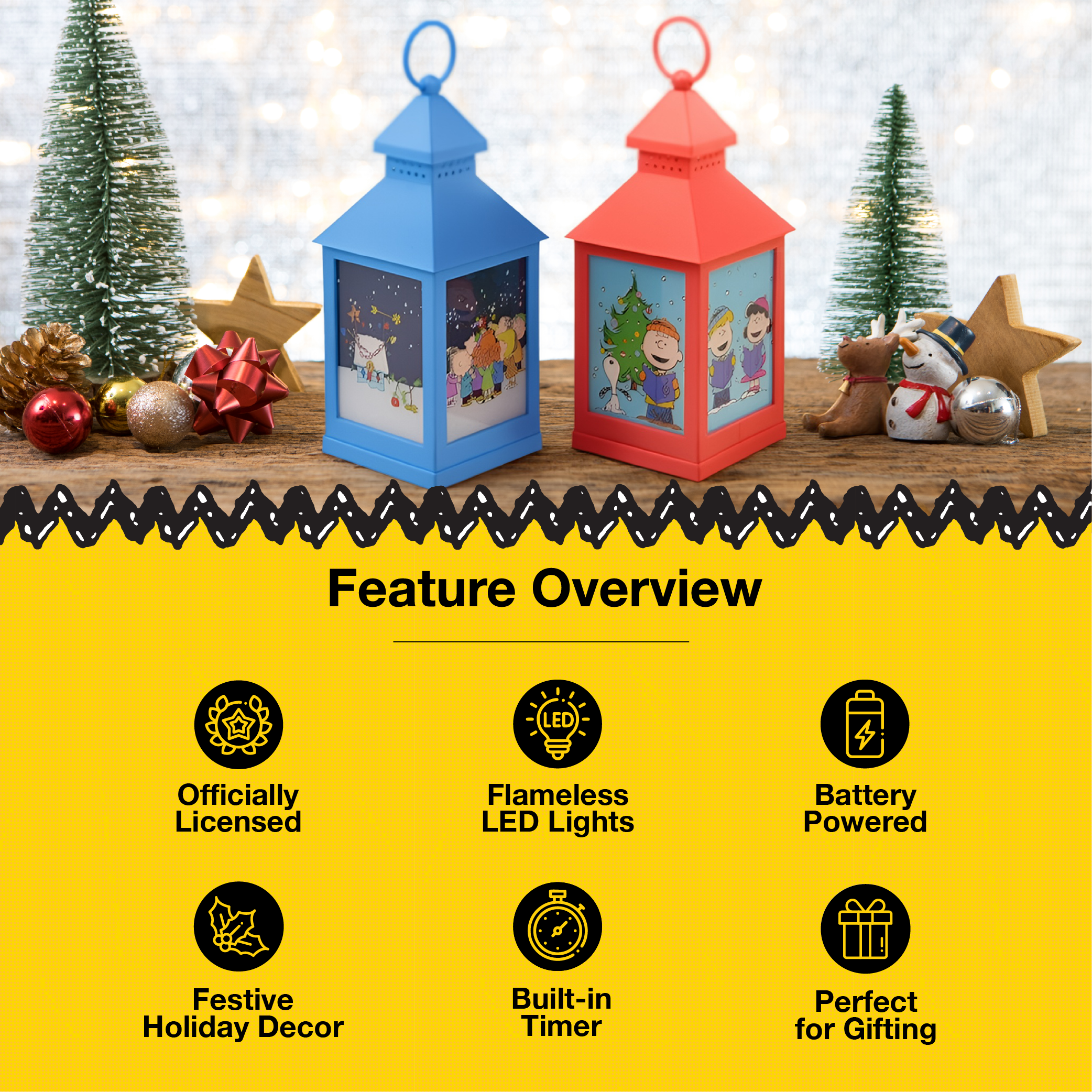 Peanuts Christmas Holiday Flameless LED Tabletop Lanterns, Red and Blue, 9.5 Inch (Set of 2)