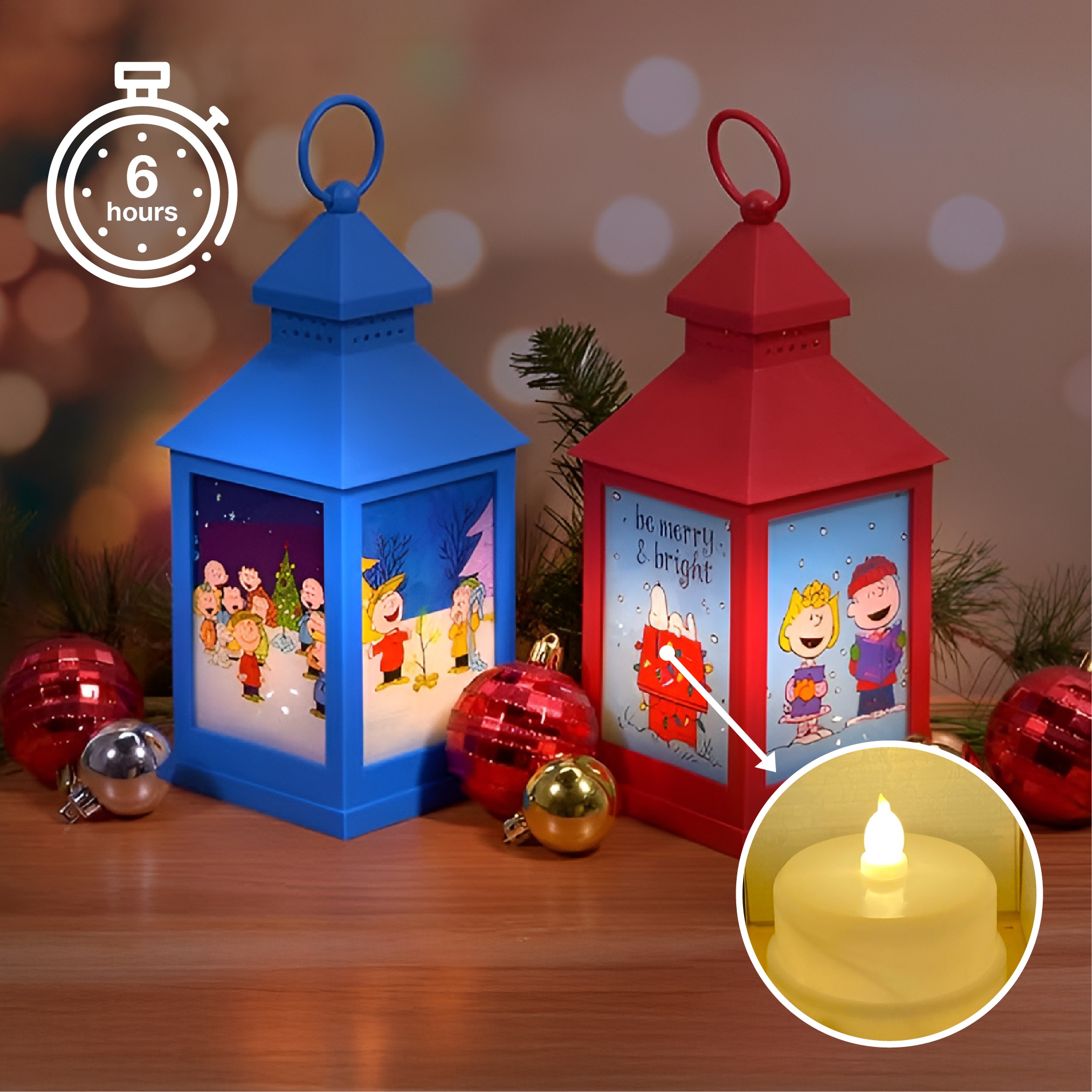 Peanuts Christmas Holiday Flameless LED Tabletop Lanterns, Red and Blue, 9.5 Inch (Set of 2)