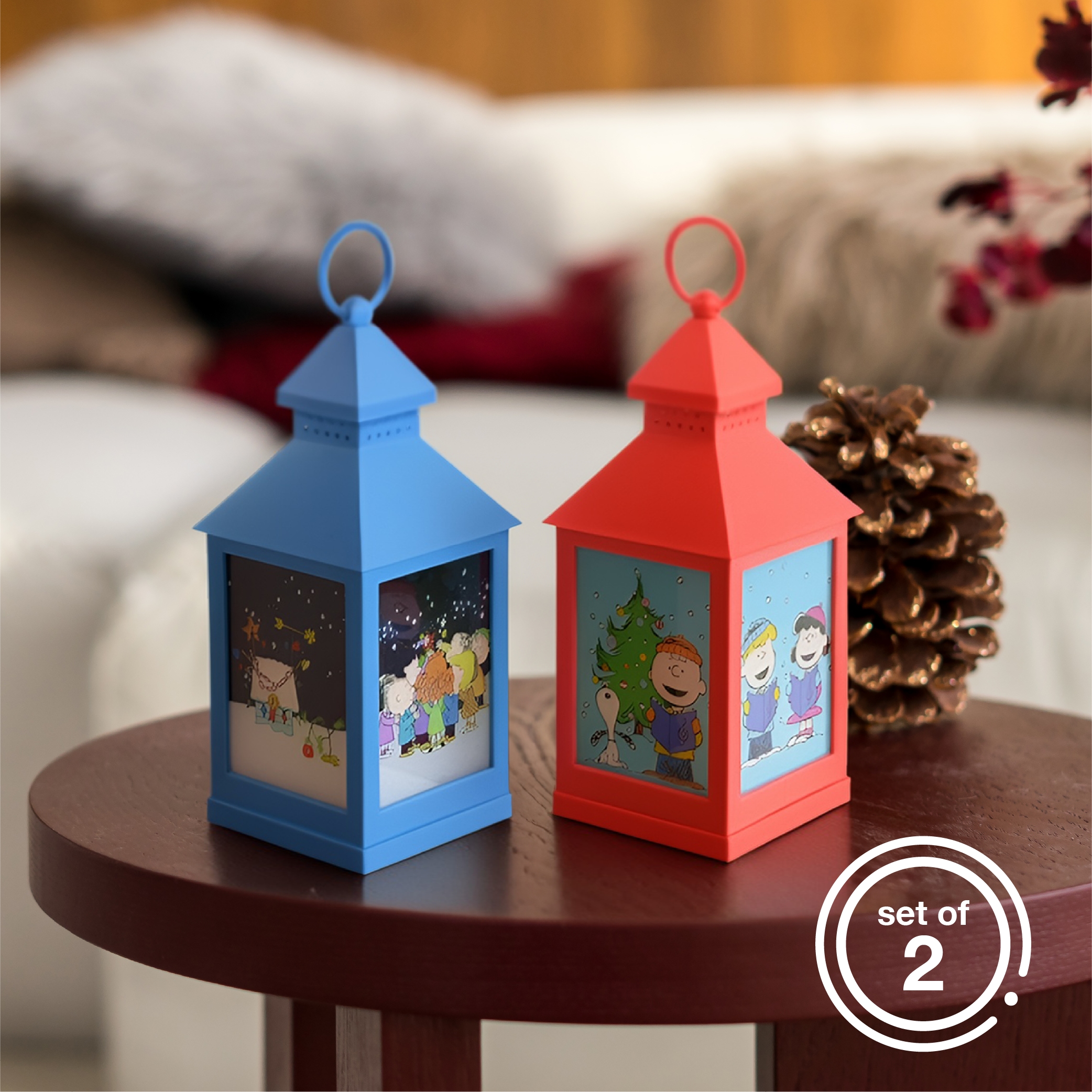 Peanuts Christmas Holiday Flameless LED Tabletop Lanterns, Red and Blue, 9.5 Inch (Set of 2)